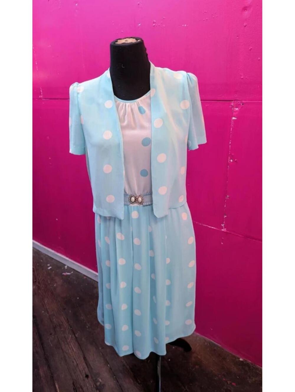 SOLD Vintage 80s Light Blue White Polka Dot Dress M